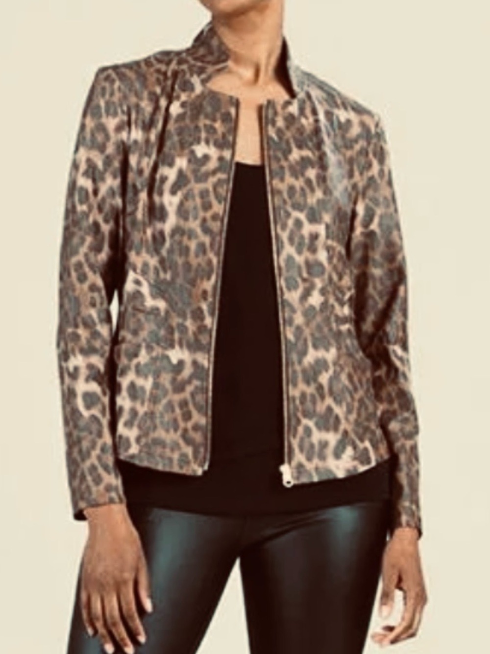 Clara Sun Woo Liquid Leather Leopard Print Zip-Front Jacket, 1X